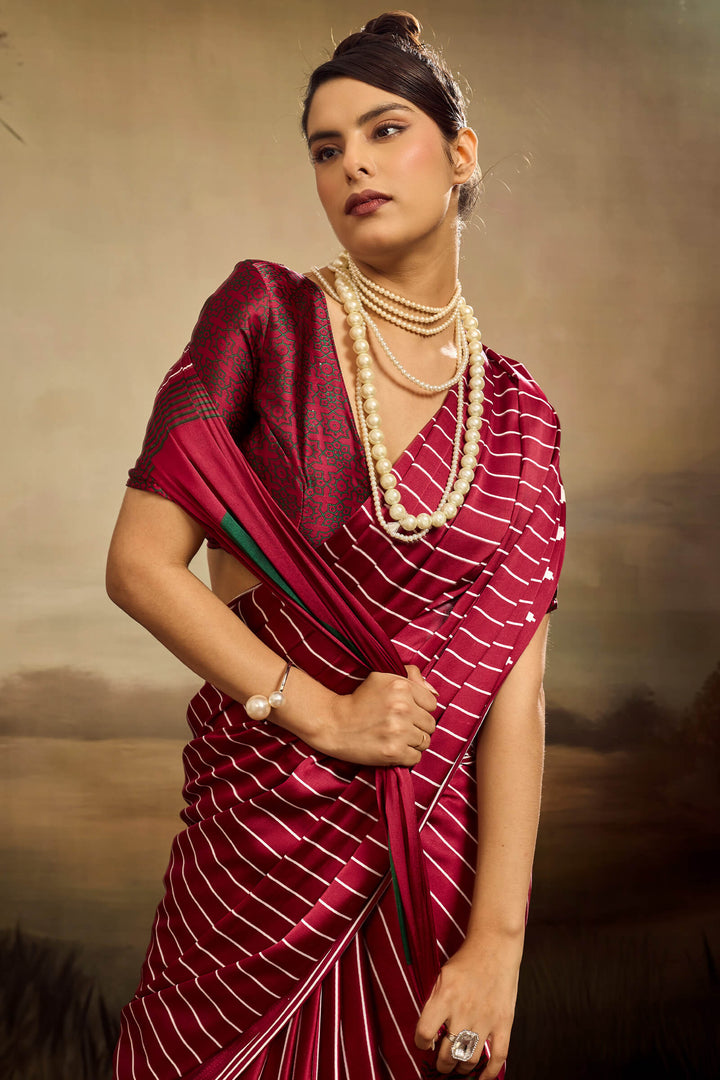 Royal Maroon Ajrakh Printed Satin Silk Saree