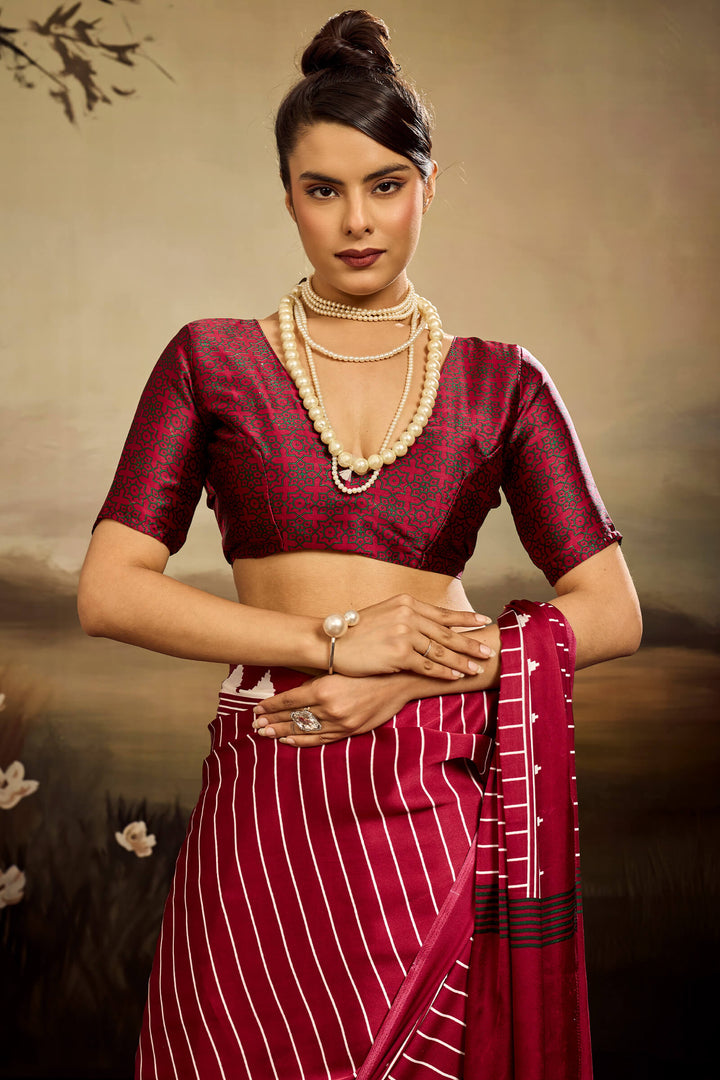 Royal Maroon Ajrakh Printed Satin Silk Saree