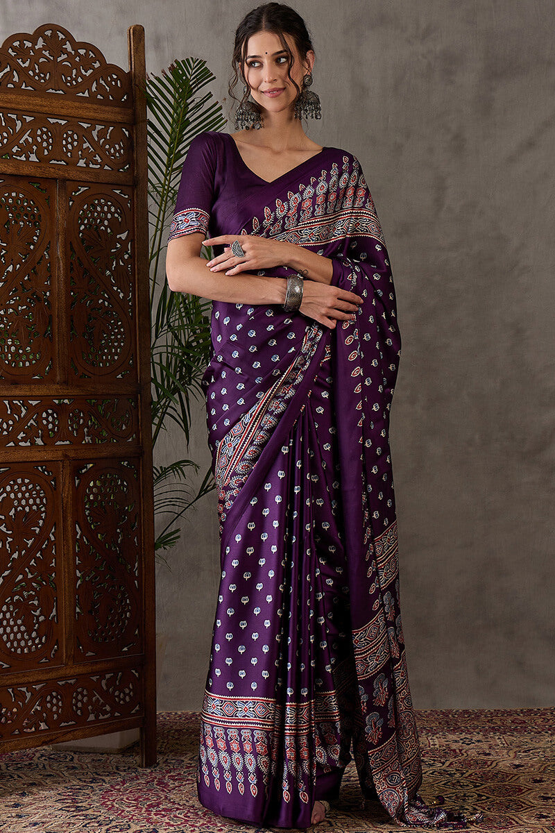 Royal Purple Ajrakh Printed Satin Silk Saree