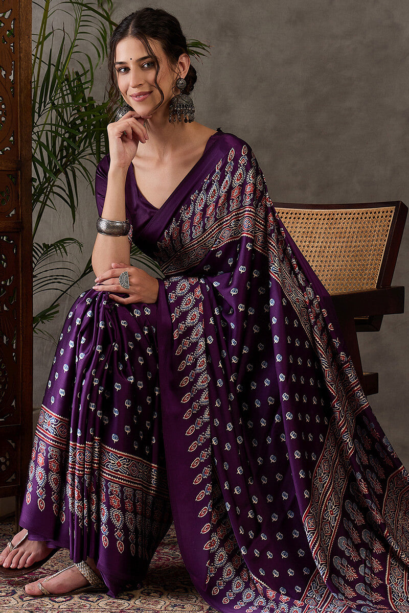Royal Purple Ajrakh Printed Satin Silk Saree