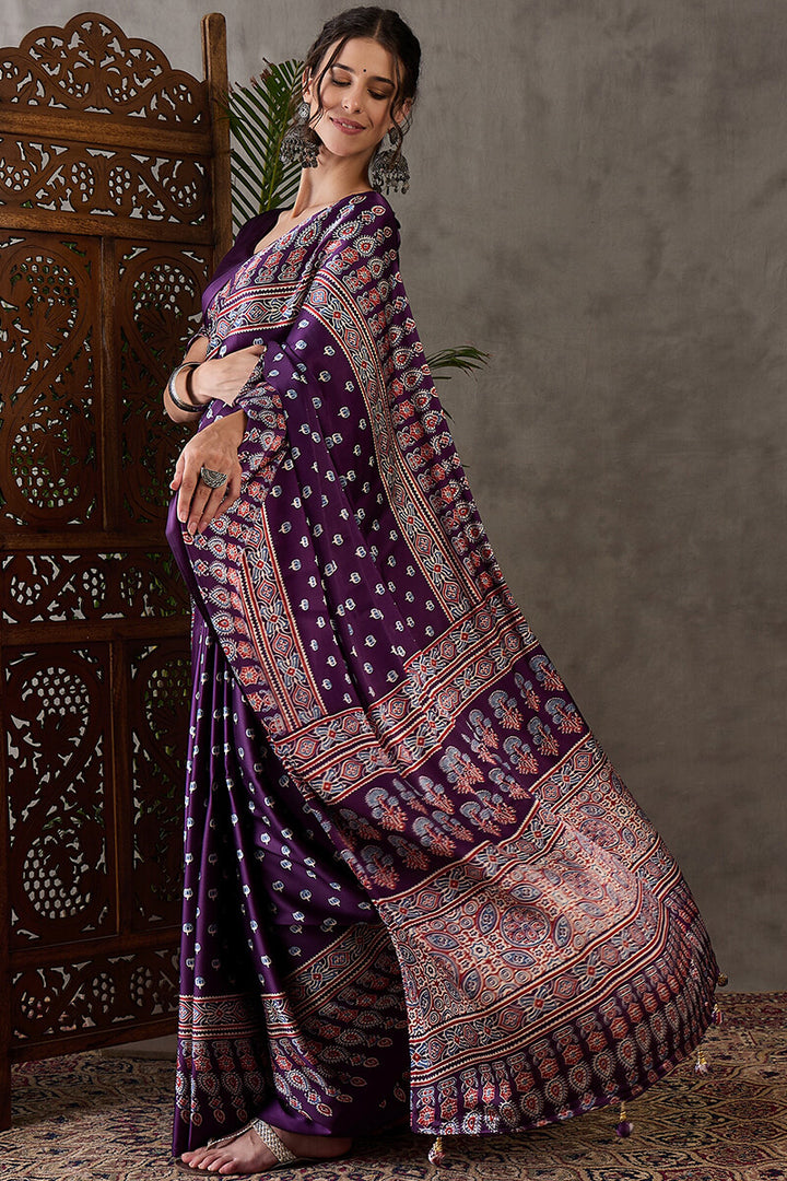 Royal Purple Ajrakh Printed Satin Silk Saree