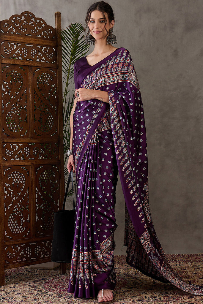 Royal Purple Ajrakh Printed Satin Silk Saree