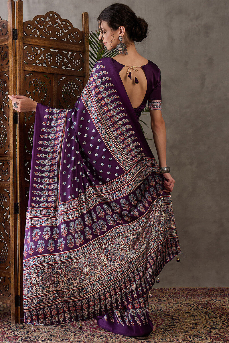 Royal Purple Ajrakh Printed Satin Silk Saree