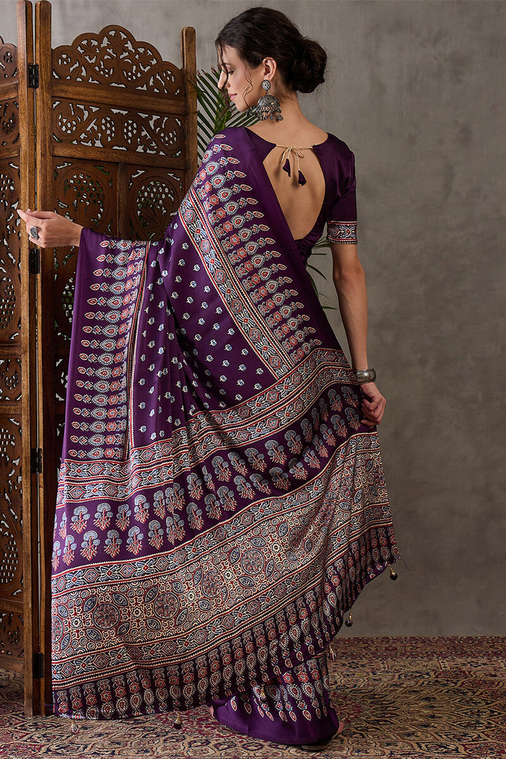 Royal Purple Ajrakh Printed Satin Silk Saree
