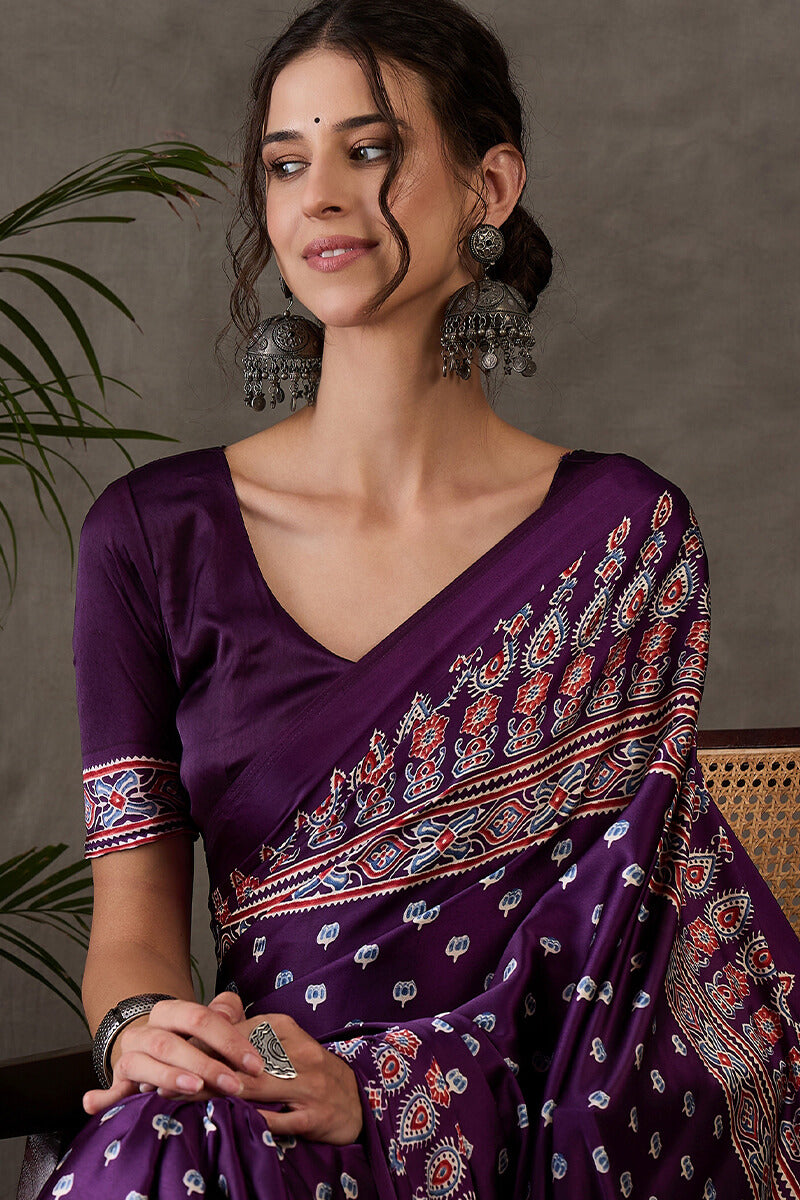Royal Purple Ajrakh Printed Satin Silk Saree