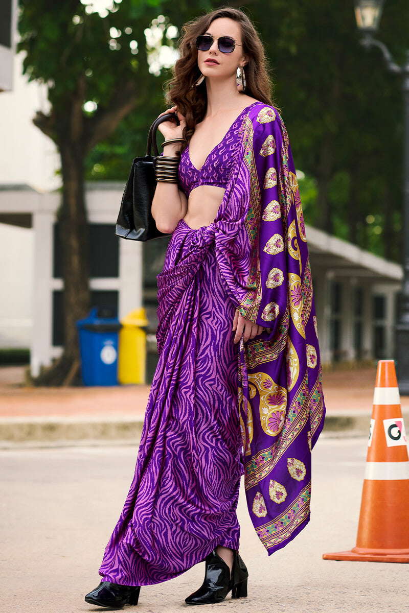 Royal Purple Printed Satin Crape Silk Saree