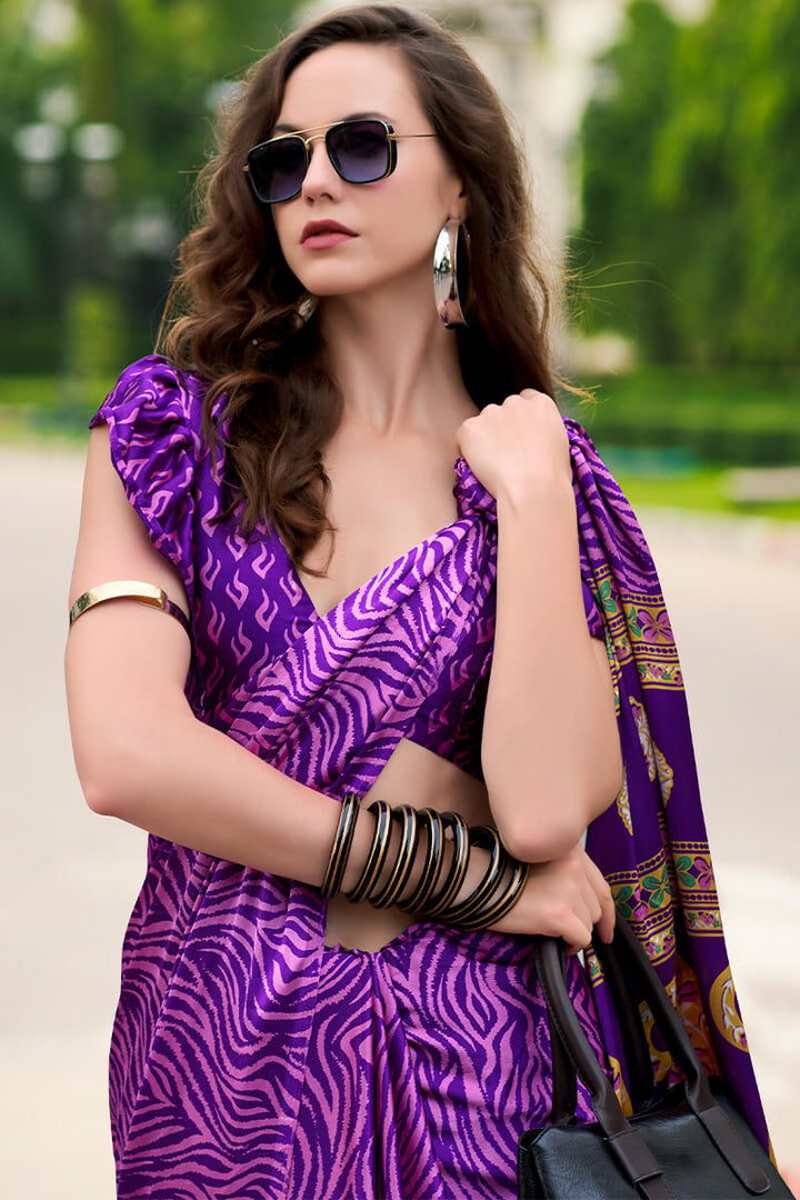 Royal Purple Printed Satin Crape Silk Saree