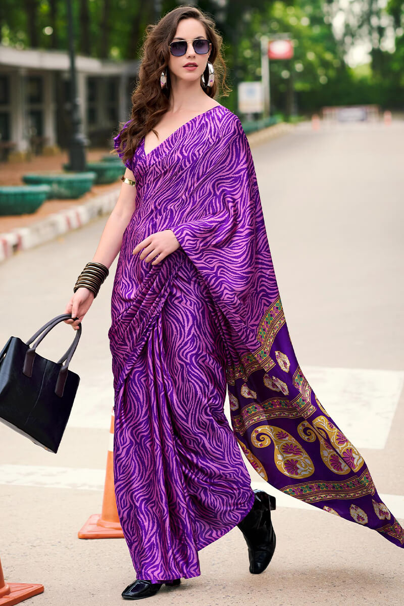 Royal Purple Printed Satin Crape Silk Saree