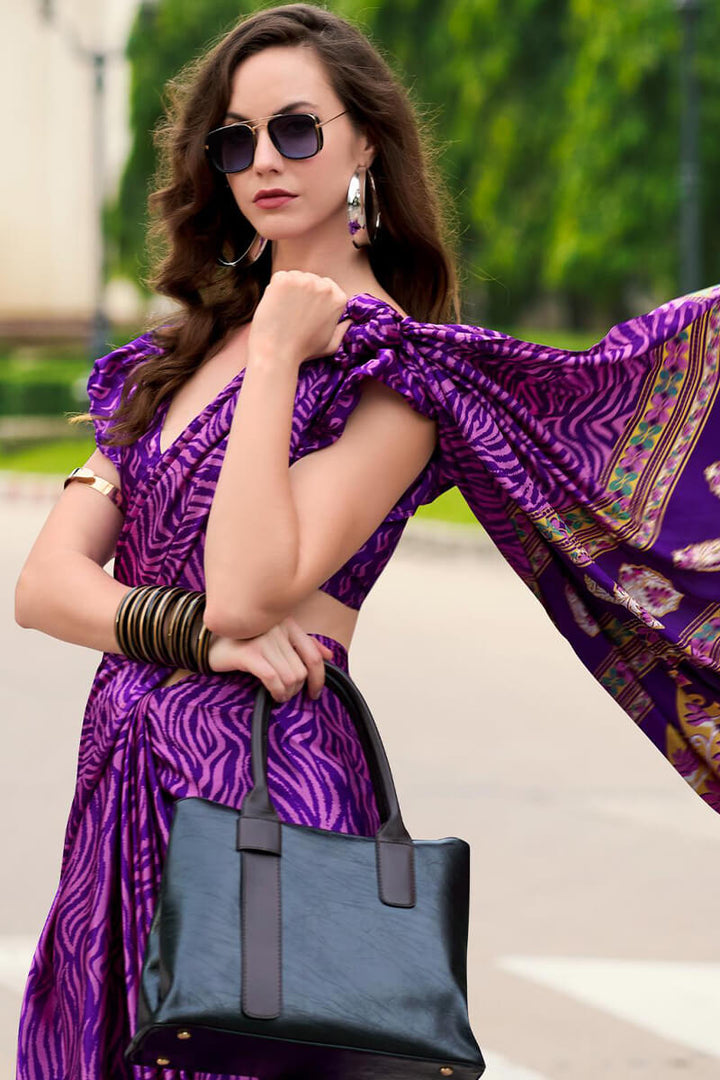 Royal Purple Printed Satin Crape Silk Saree