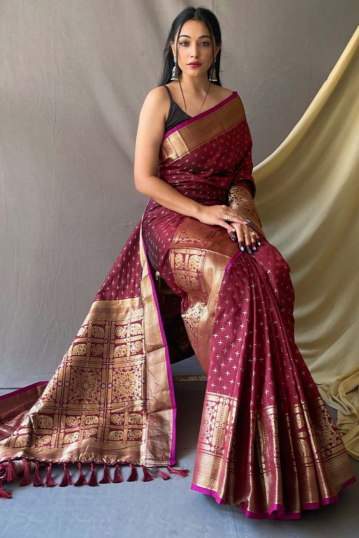 Ruby Maroon Banarasi Silk Saree