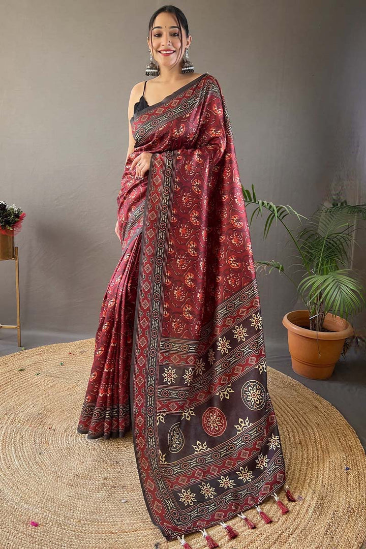 Ruby Maroon Printed Soft Silk Saree