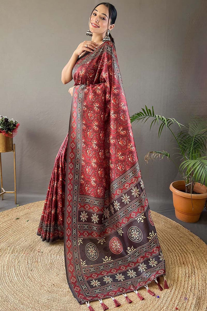 Ruby Maroon Printed Soft Silk Saree