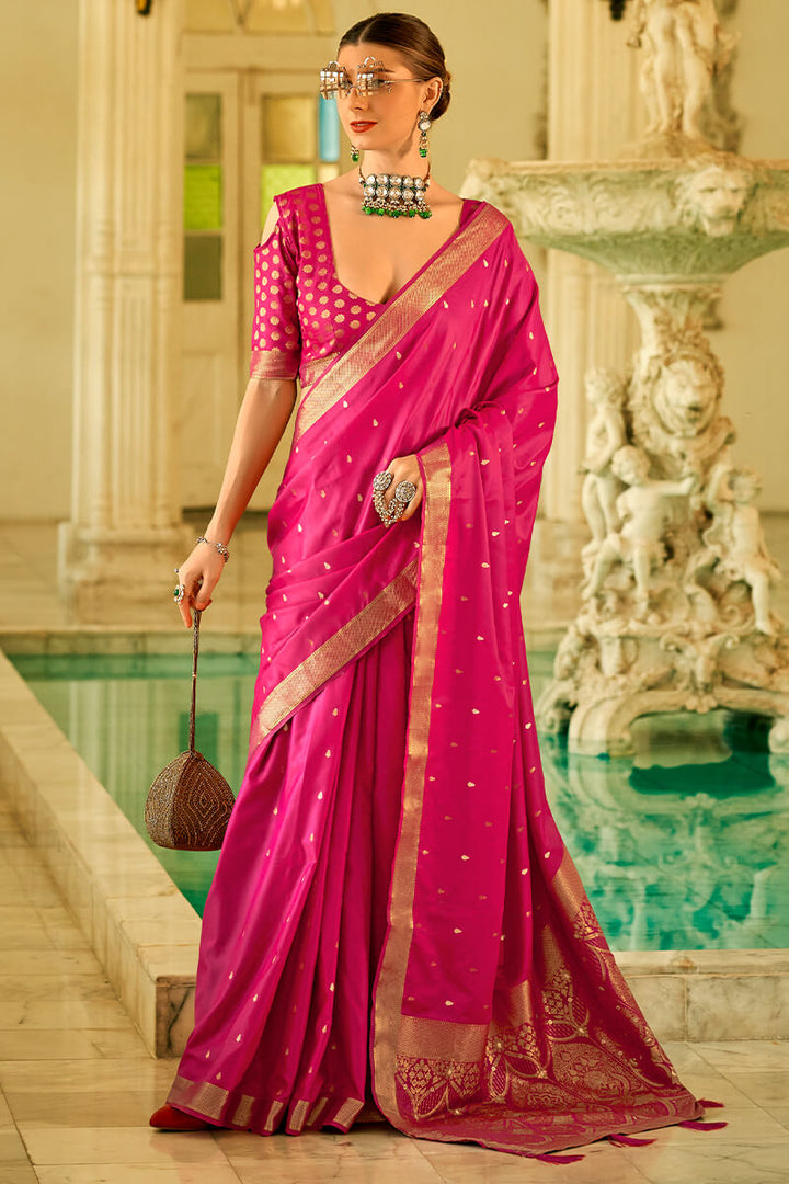 Ruby Pink Banarasi Satin Silk Saree