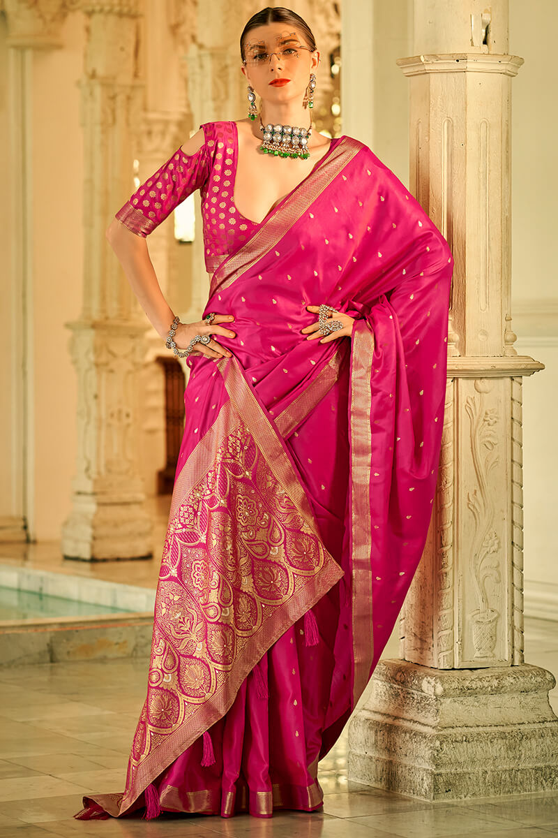 Ruby Pink Banarasi Satin Silk Saree