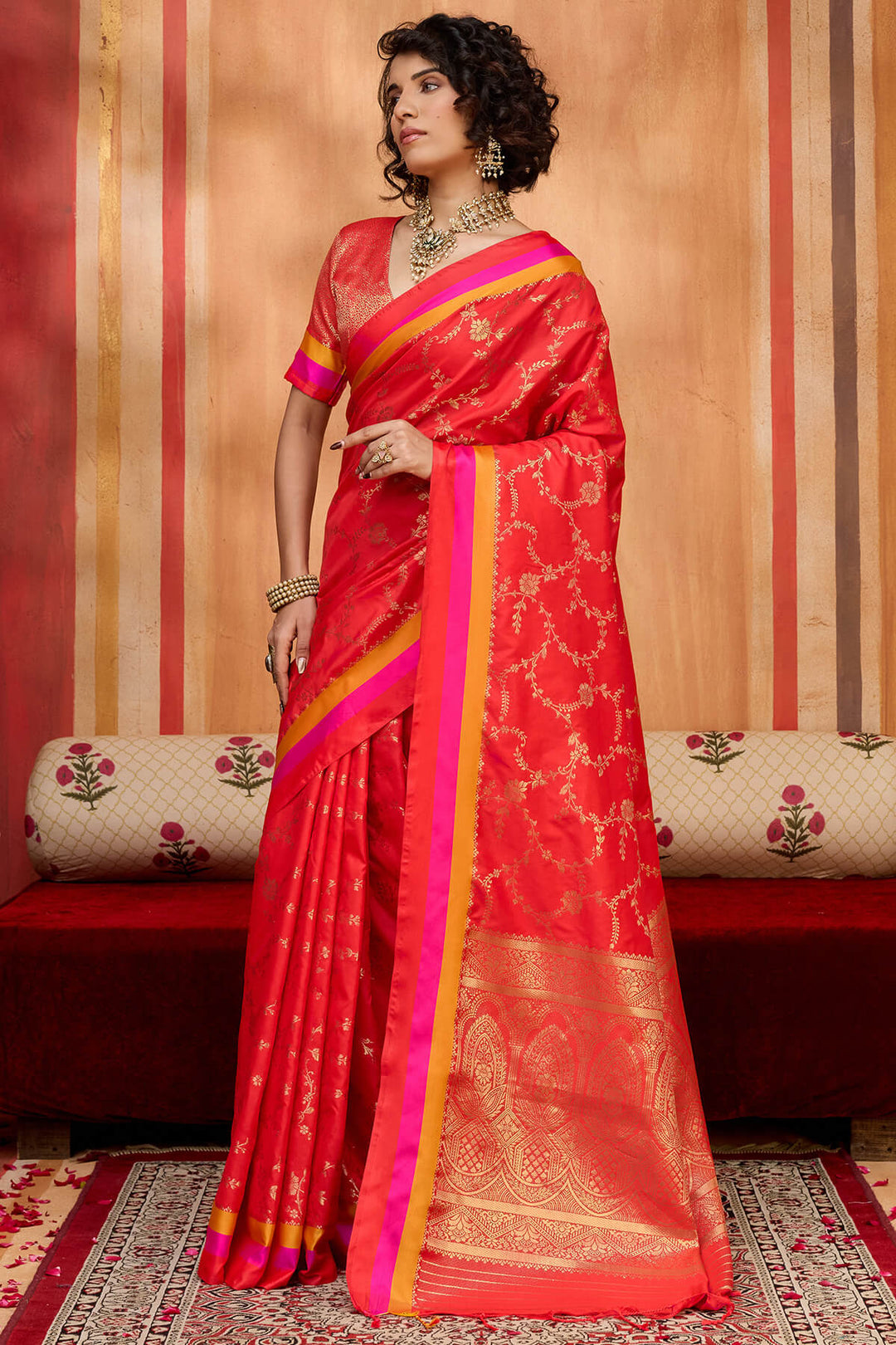 Ruby Red Zari Woven Soft Banarasi Silk Saree