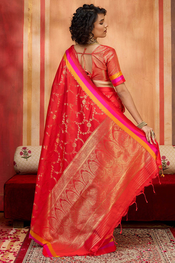 Ruby Red Zari Woven Soft Banarasi Silk Saree