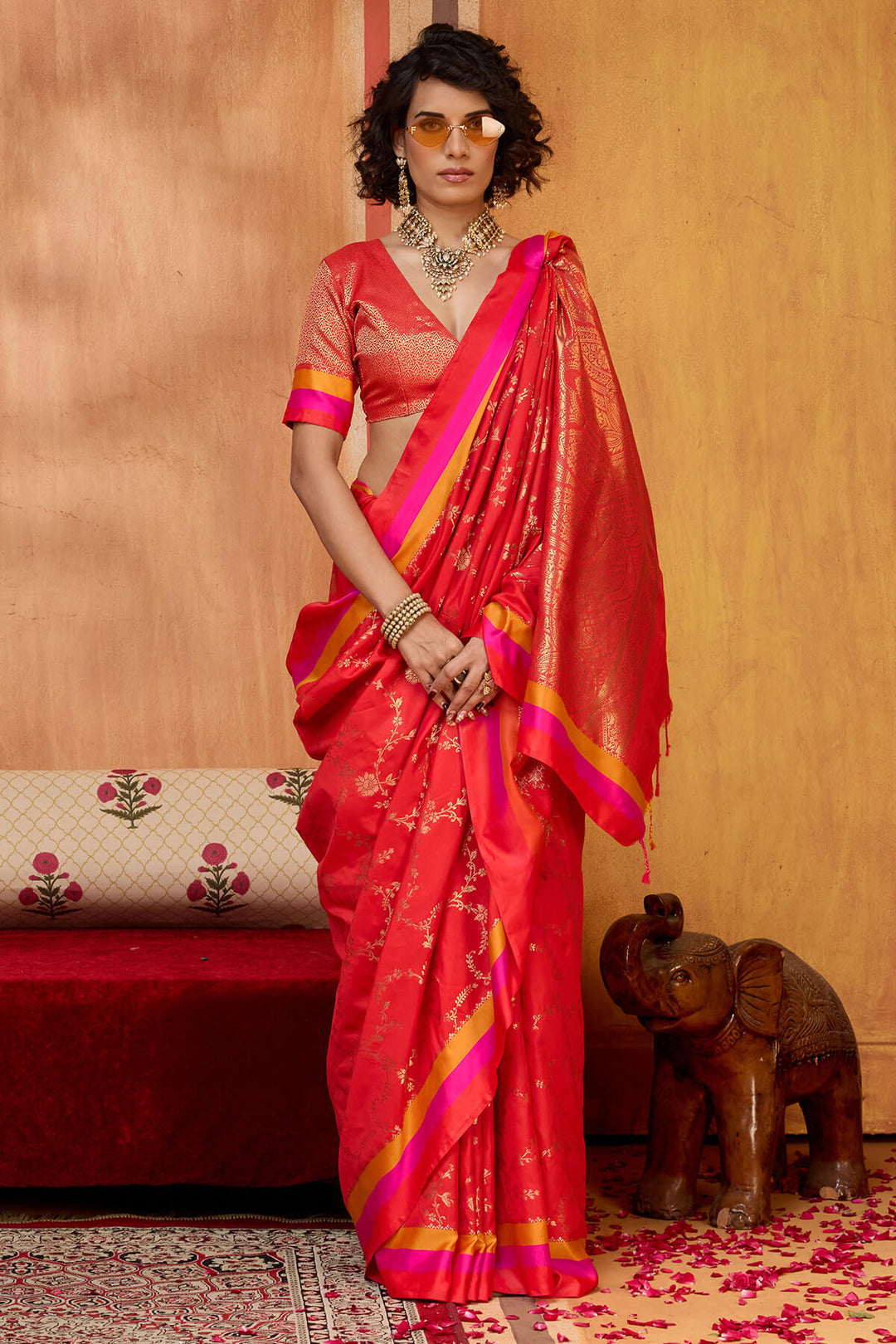 Ruby Red Zari Woven Soft Banarasi Silk Saree