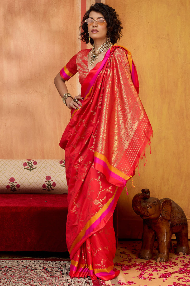 Ruby Red Zari Woven Soft Banarasi Silk Saree