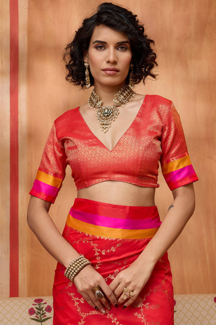 Ruby Red Zari Woven Soft Banarasi Silk Saree