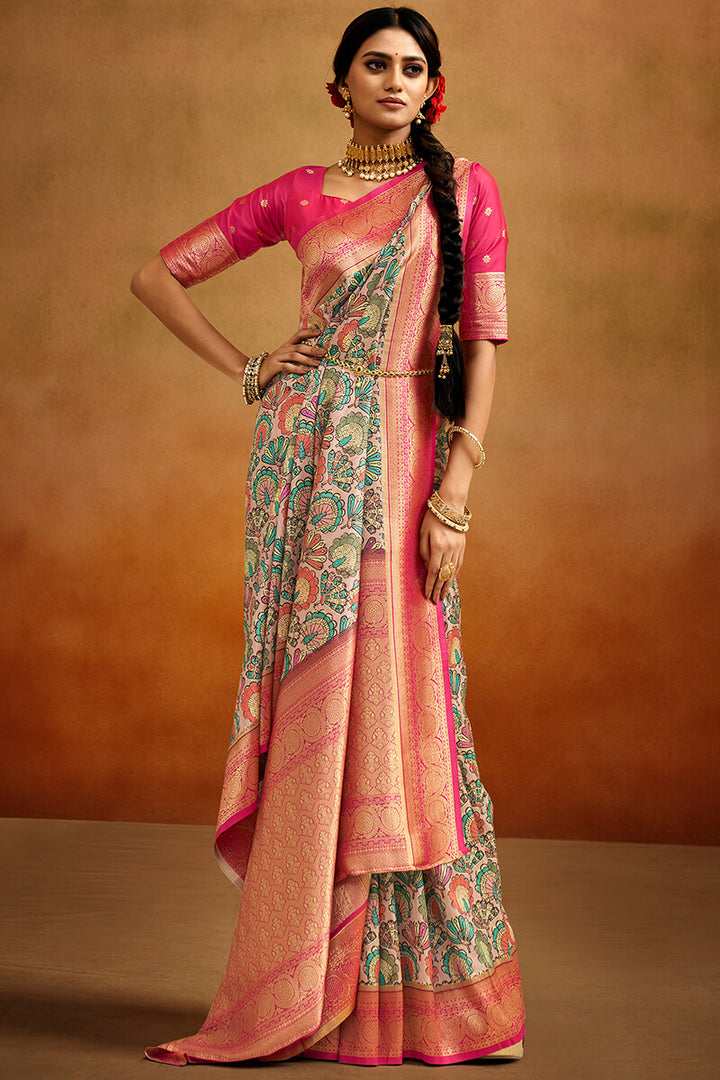 Ruddy Pink Kalamkari Printed Tussar Silk Saree