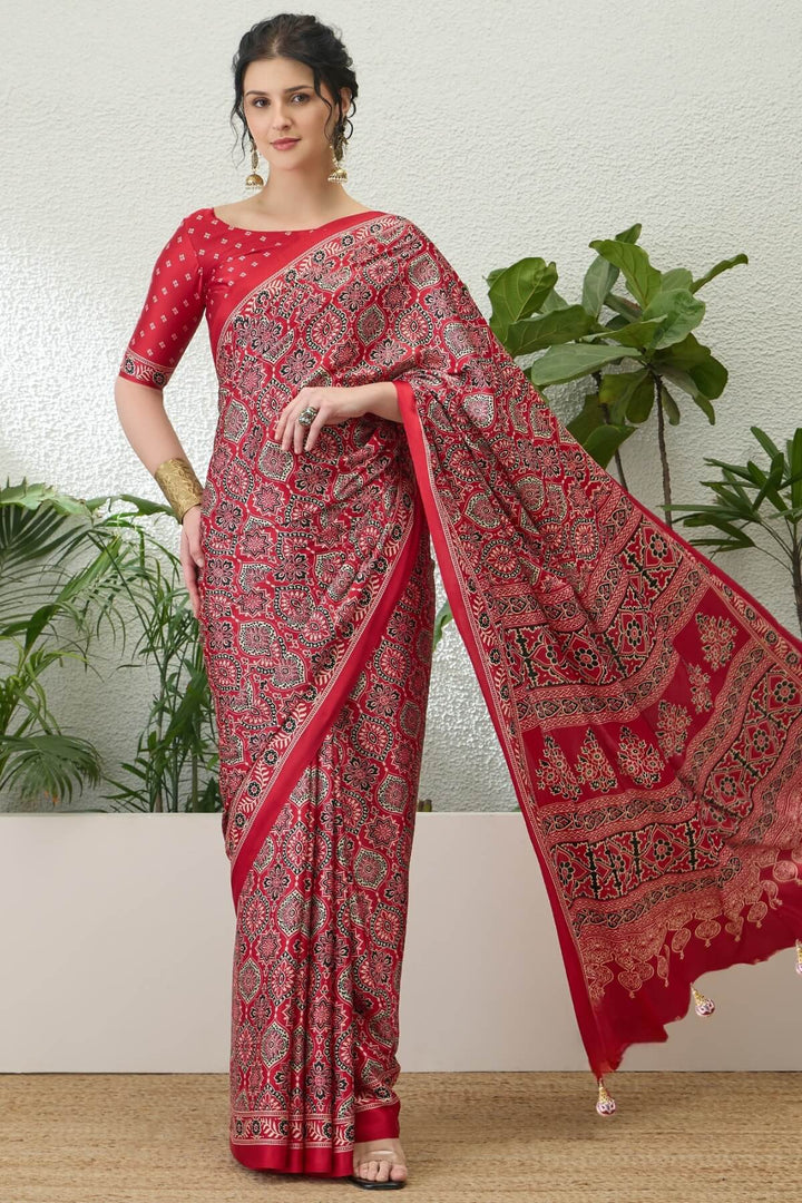 Rufous Red Printed Satin Silk Saree