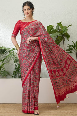 Rufous Red Printed Satin Silk Saree