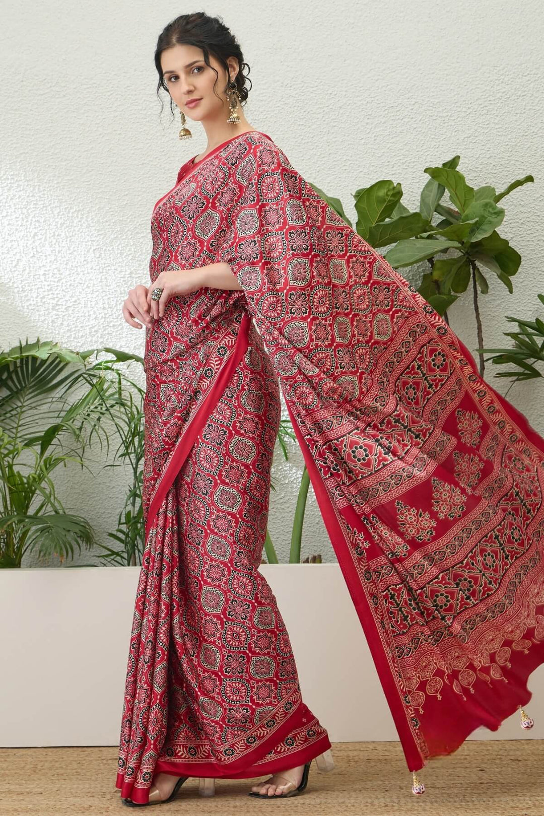 Rufous Red Printed Satin Silk Saree