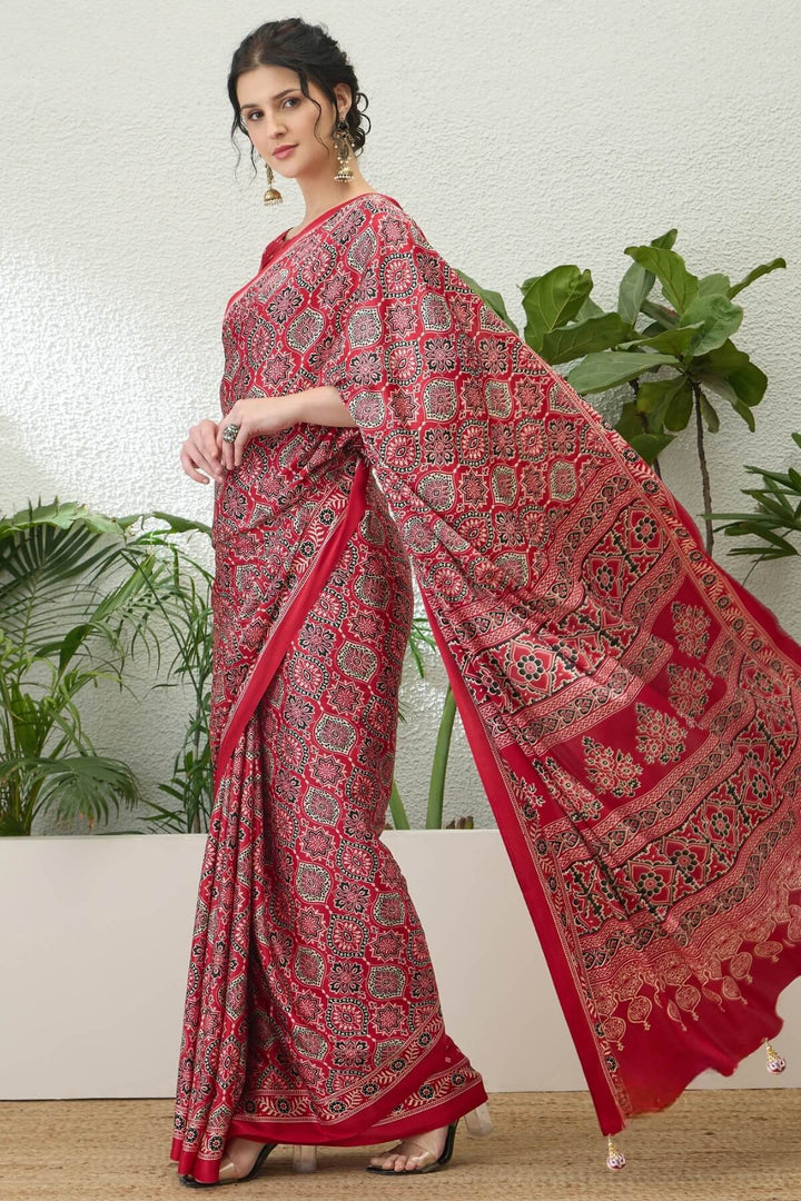Rufous Red Printed Satin Silk Saree