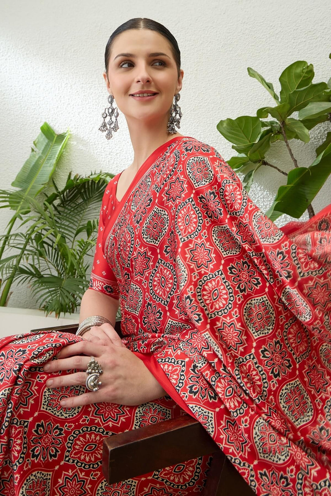 Rufous Red Printed Satin Silk Saree