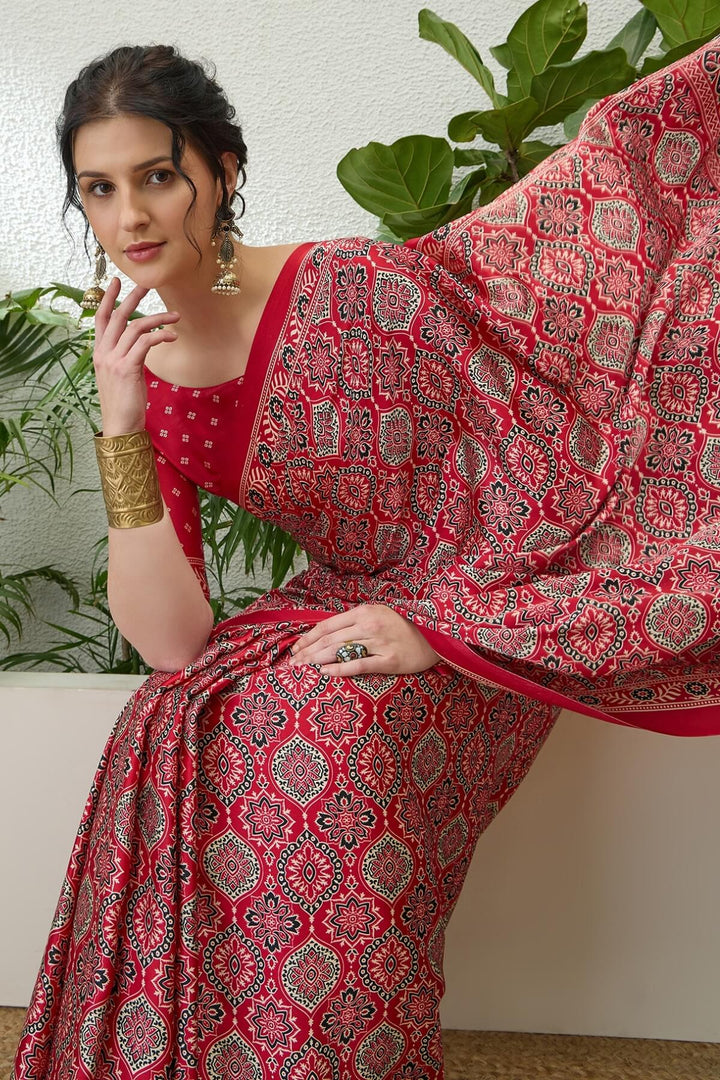 Rufous Red Printed Satin Silk Saree