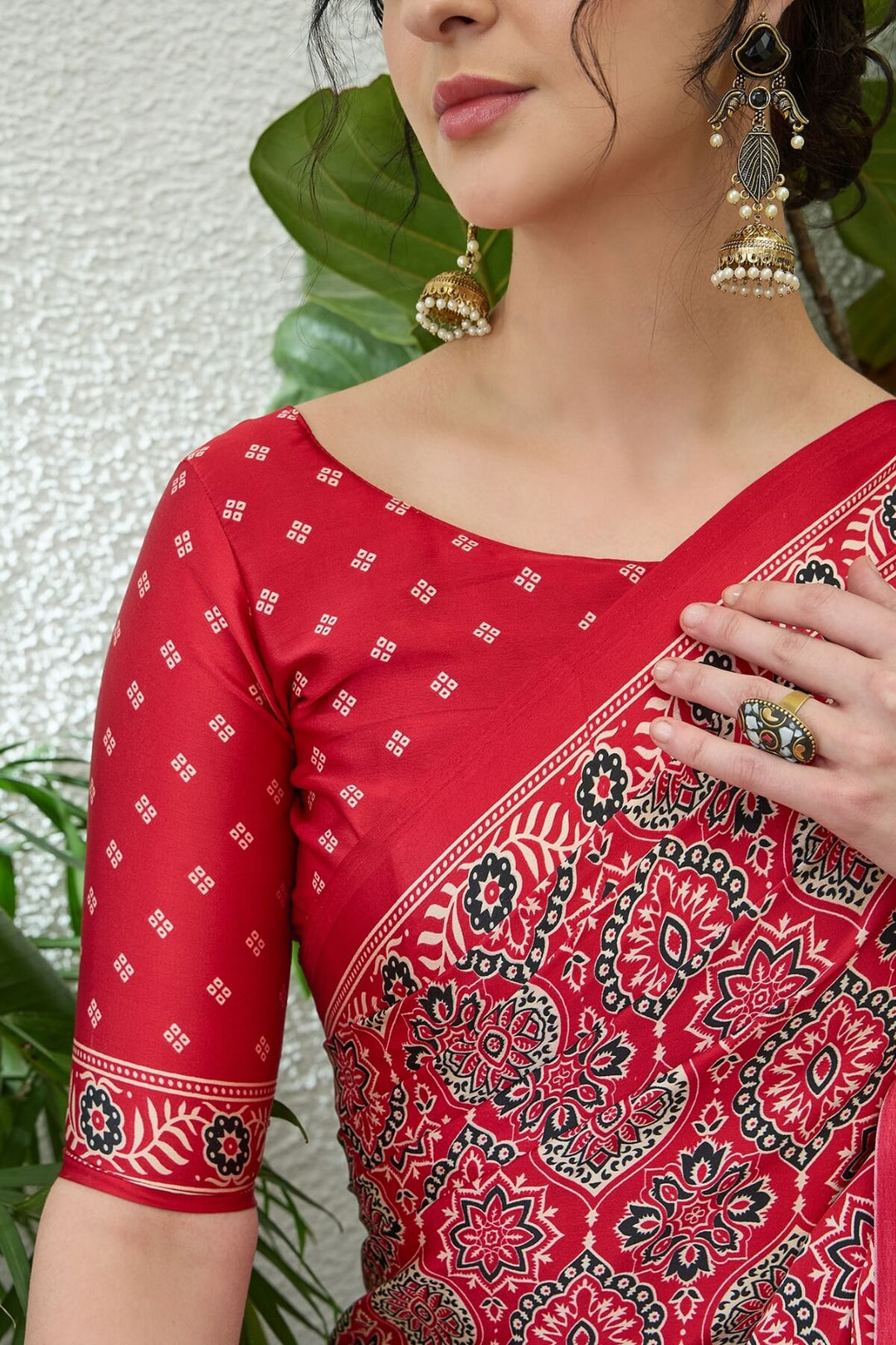Rufous Red Printed Satin Silk Saree