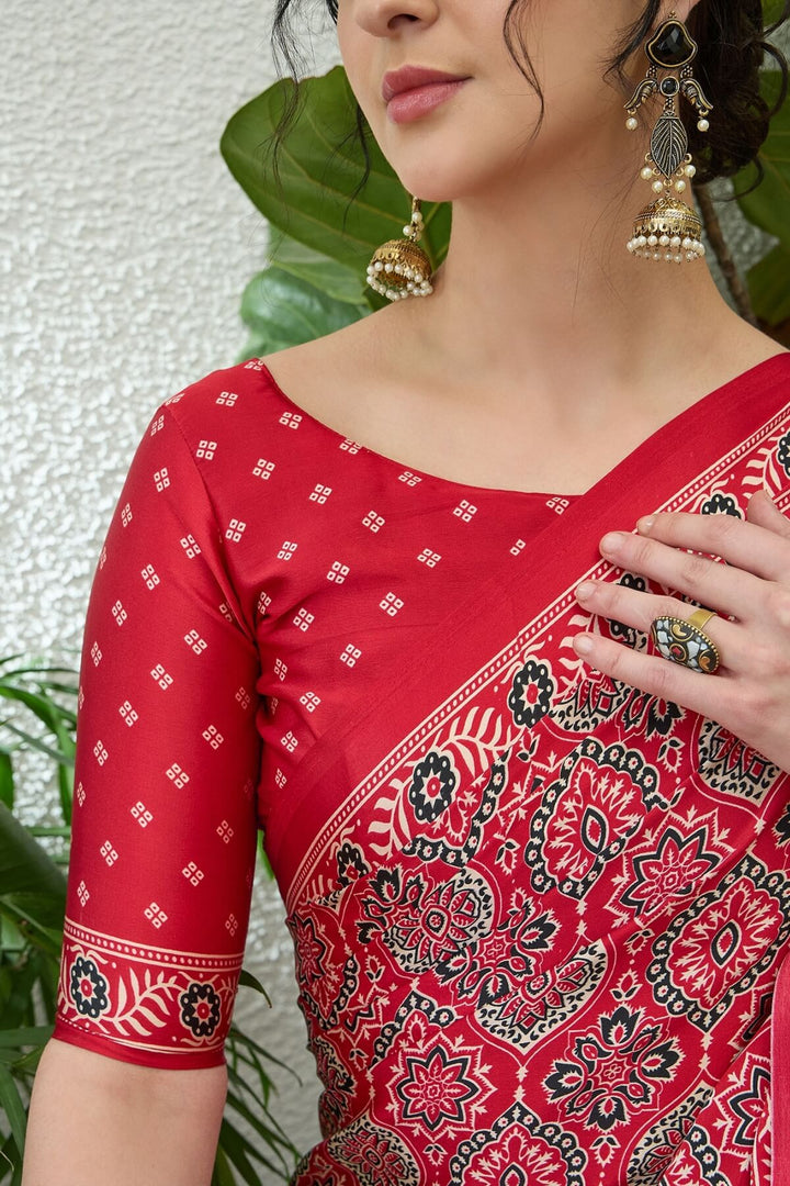 Rufous Red Printed Satin Silk Saree