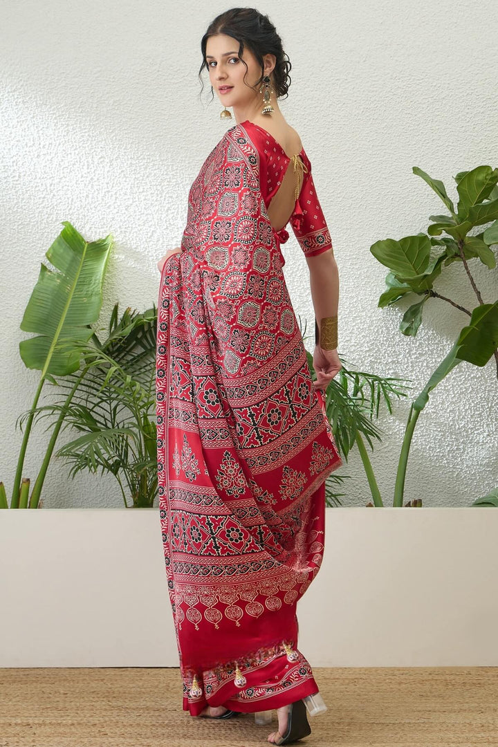 Rufous Red Printed Satin Silk Saree
