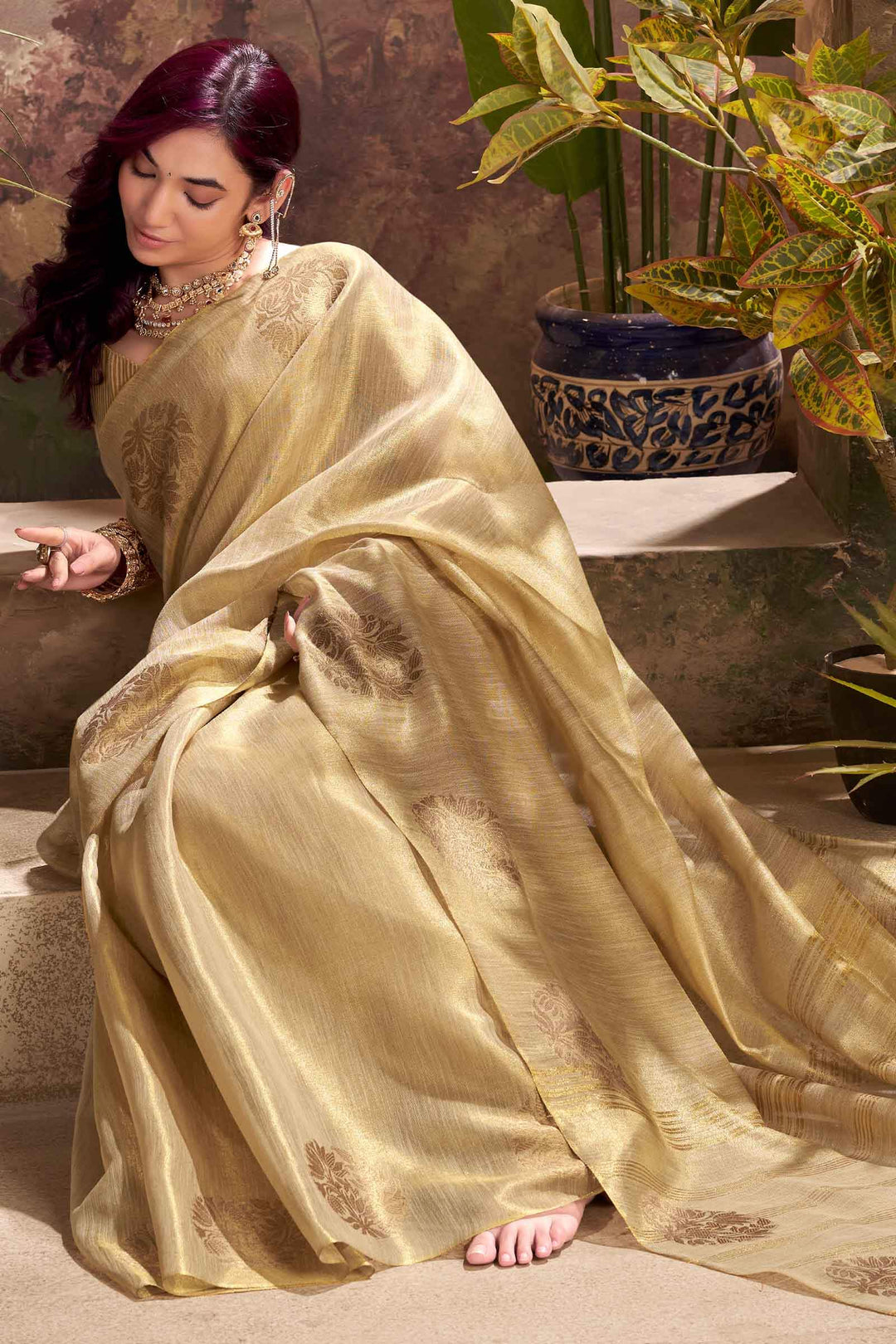 Rustic Beige Tissue Silk Saree