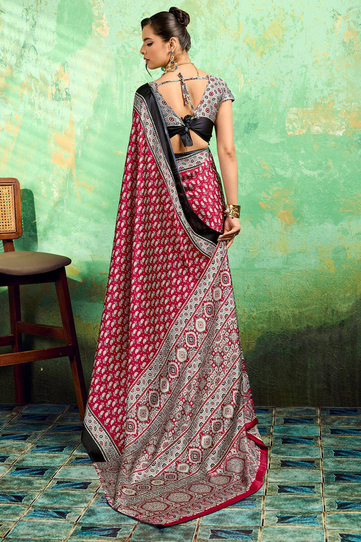 Rustic Maroon Ajrakh Printed Satin Silk Saree