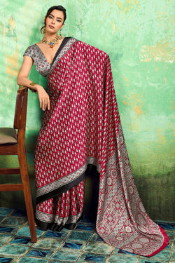 Rustic Maroon Ajrakh Printed Satin Silk Saree