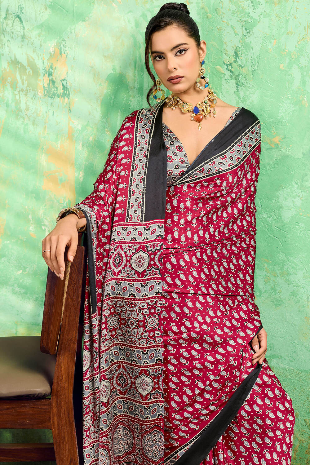 Rustic Maroon Ajrakh Printed Satin Silk Saree