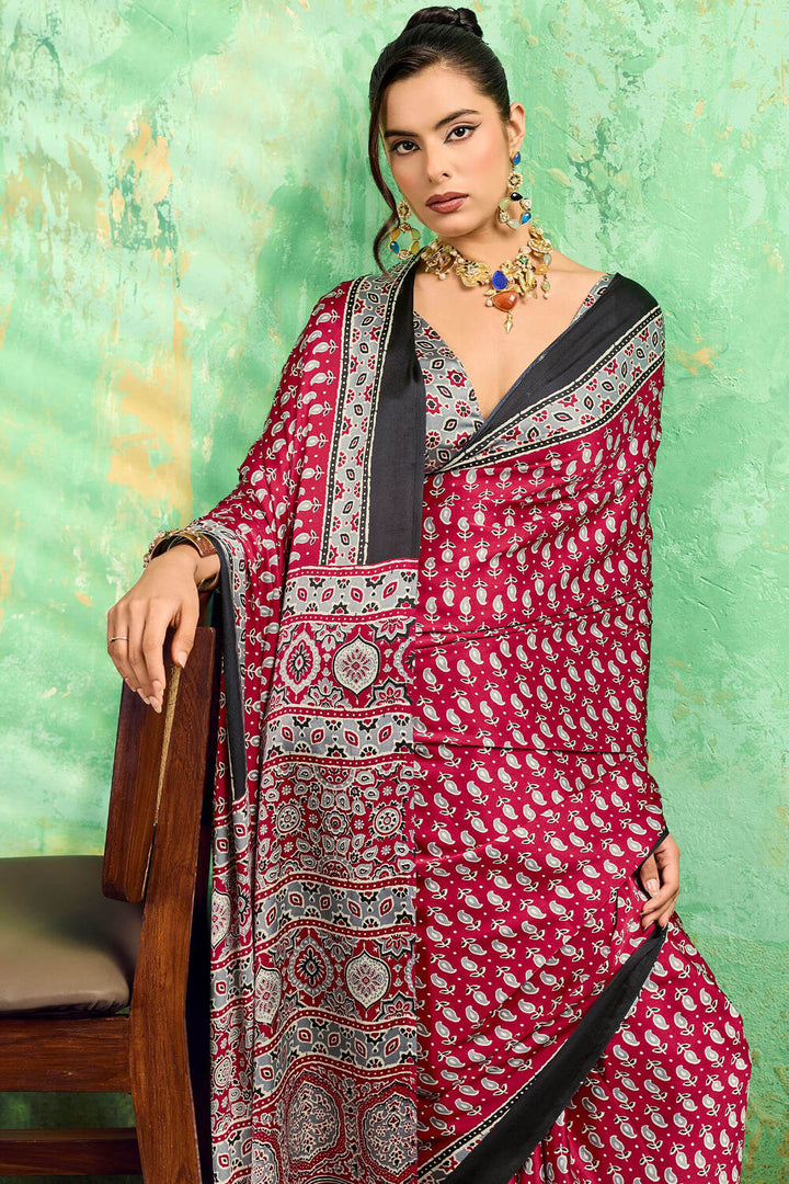 Rustic Maroon Ajrakh Printed Satin Silk Saree