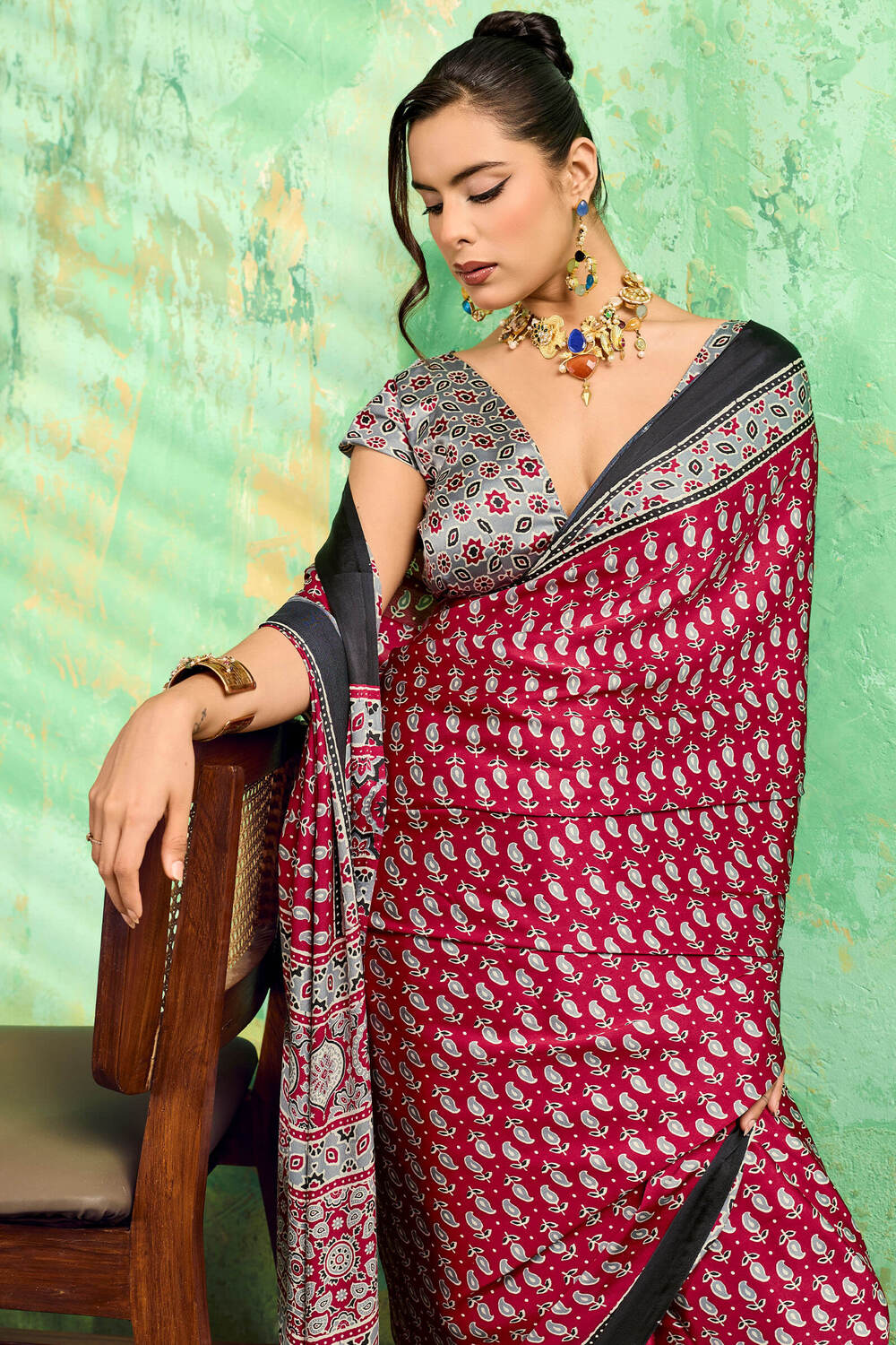 Rustic Maroon Ajrakh Printed Satin Silk Saree