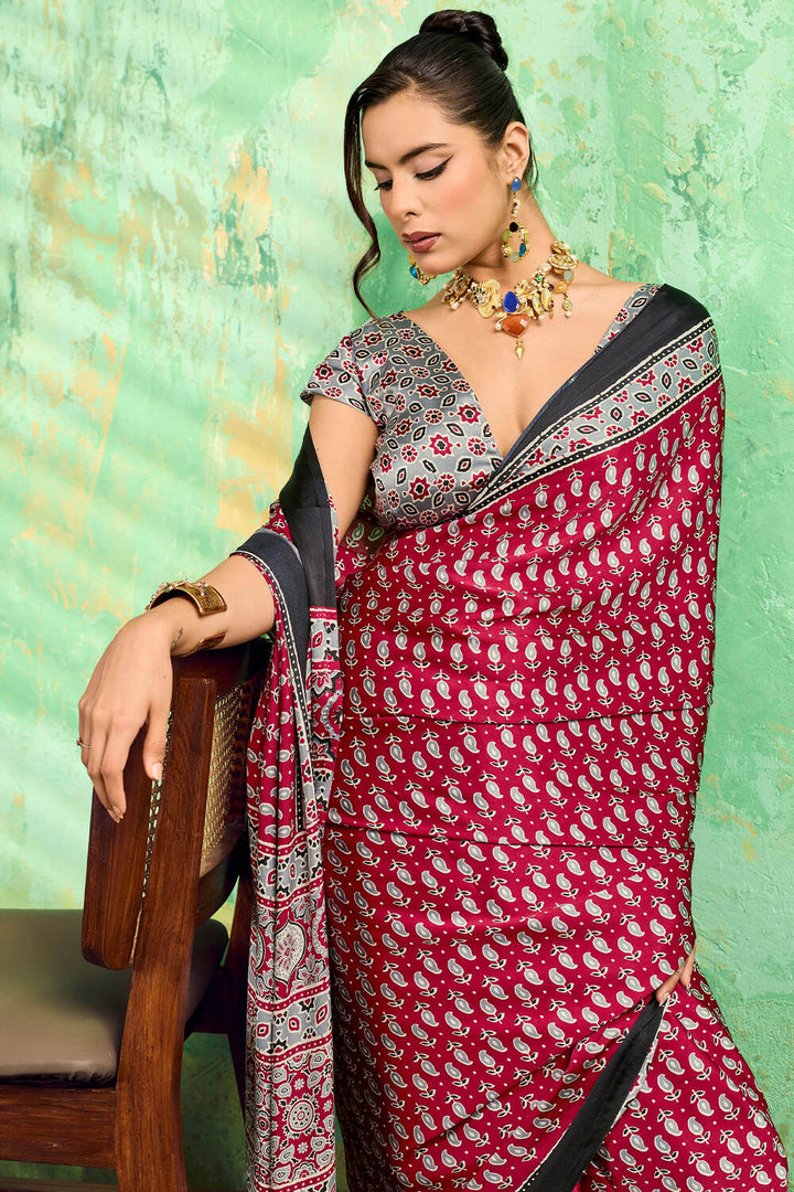 Rustic Maroon Ajrakh Printed Satin Silk Saree