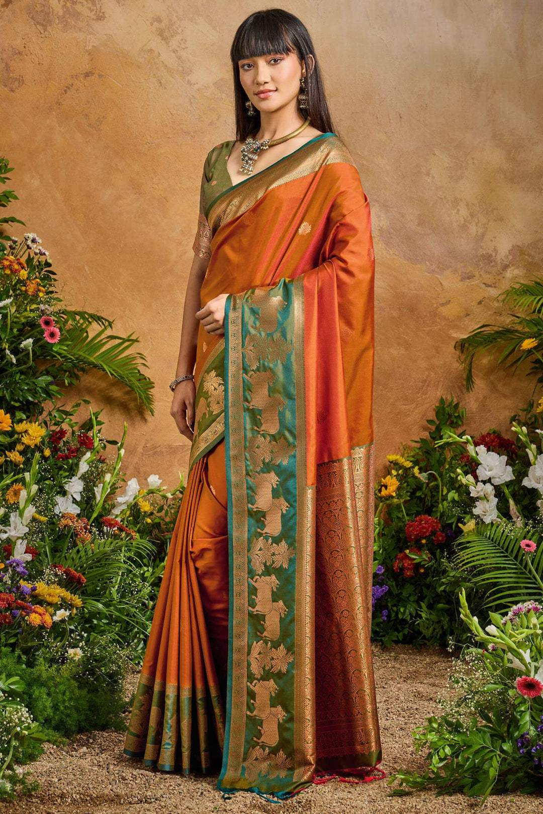 Rusty Orange Banarasi Pichwai Silk Saree