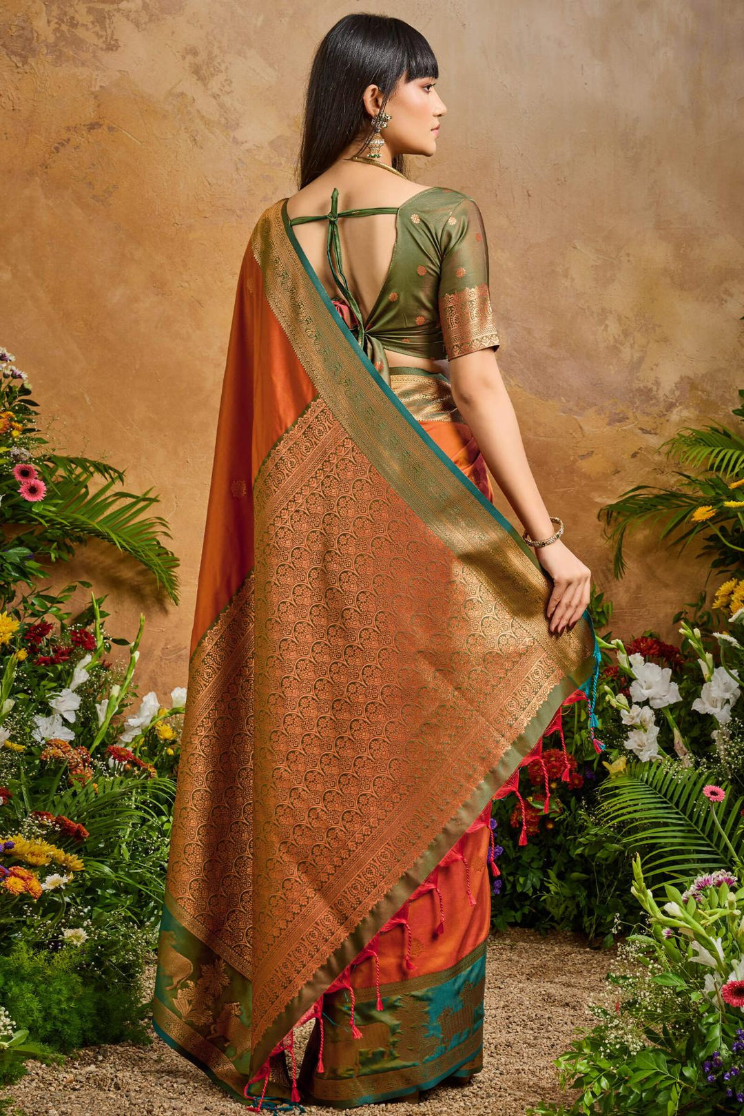 Rusty Orange Banarasi Pichwai Silk Saree