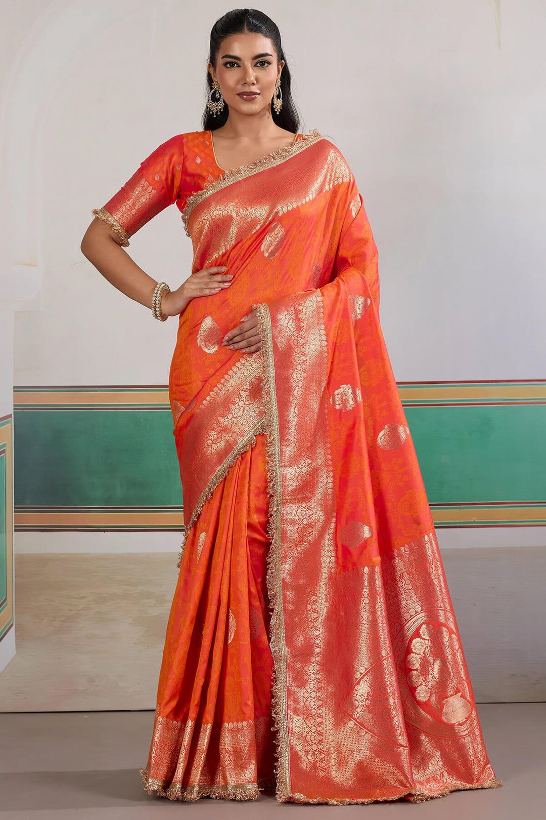 Rusty Orange Banarasi Silk Saree with Fancy Lace Border