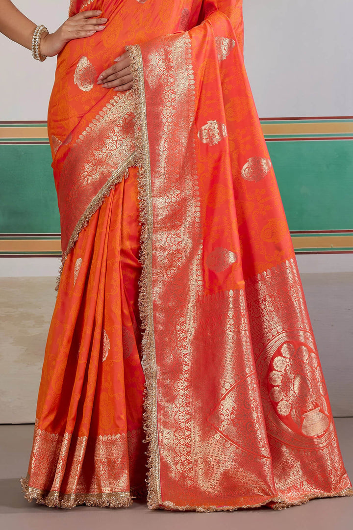 Rusty Orange Banarasi Silk Saree with Fancy Lace Border