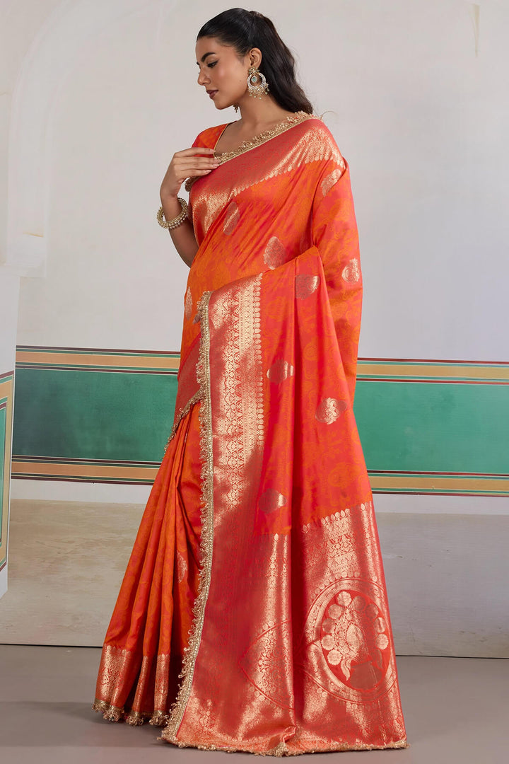 Rusty Orange Banarasi Silk Saree with Fancy Lace Border