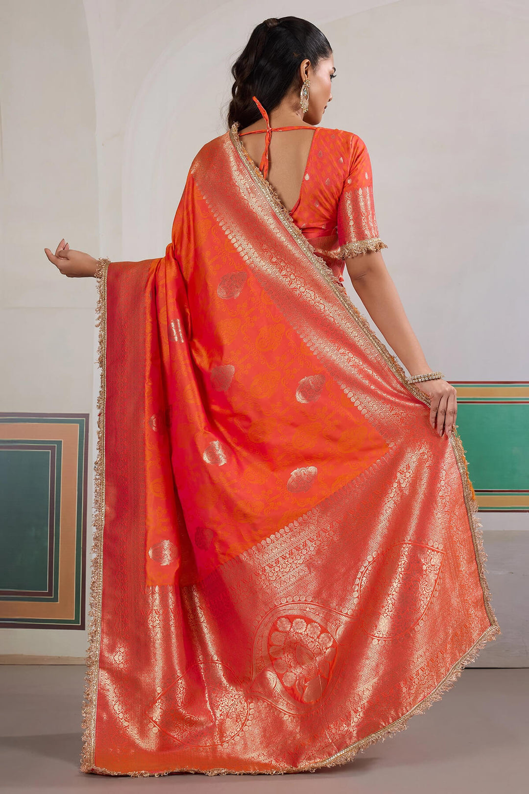 Rusty Orange Banarasi Silk Saree with Fancy Lace Border
