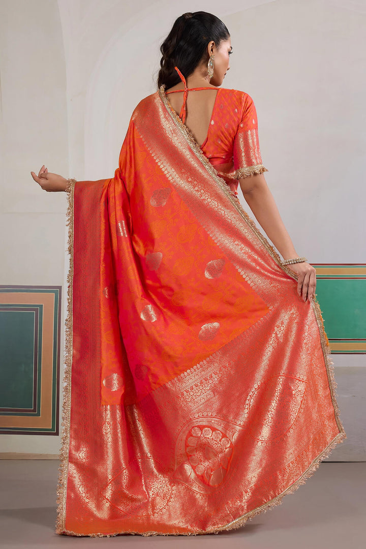 Rusty Orange Banarasi Silk Saree with Fancy Lace Border