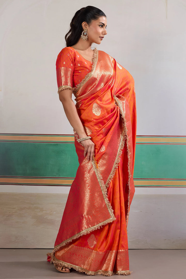 Rusty Orange Banarasi Silk Saree with Fancy Lace Border