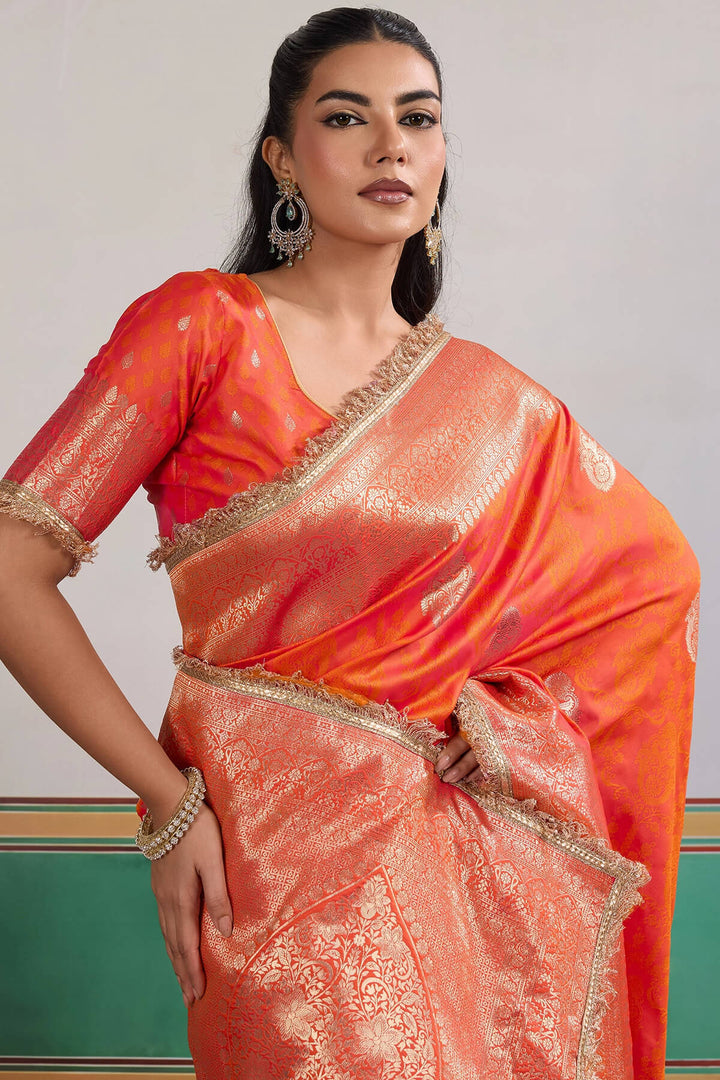 Rusty Orange Banarasi Silk Saree with Fancy Lace Border