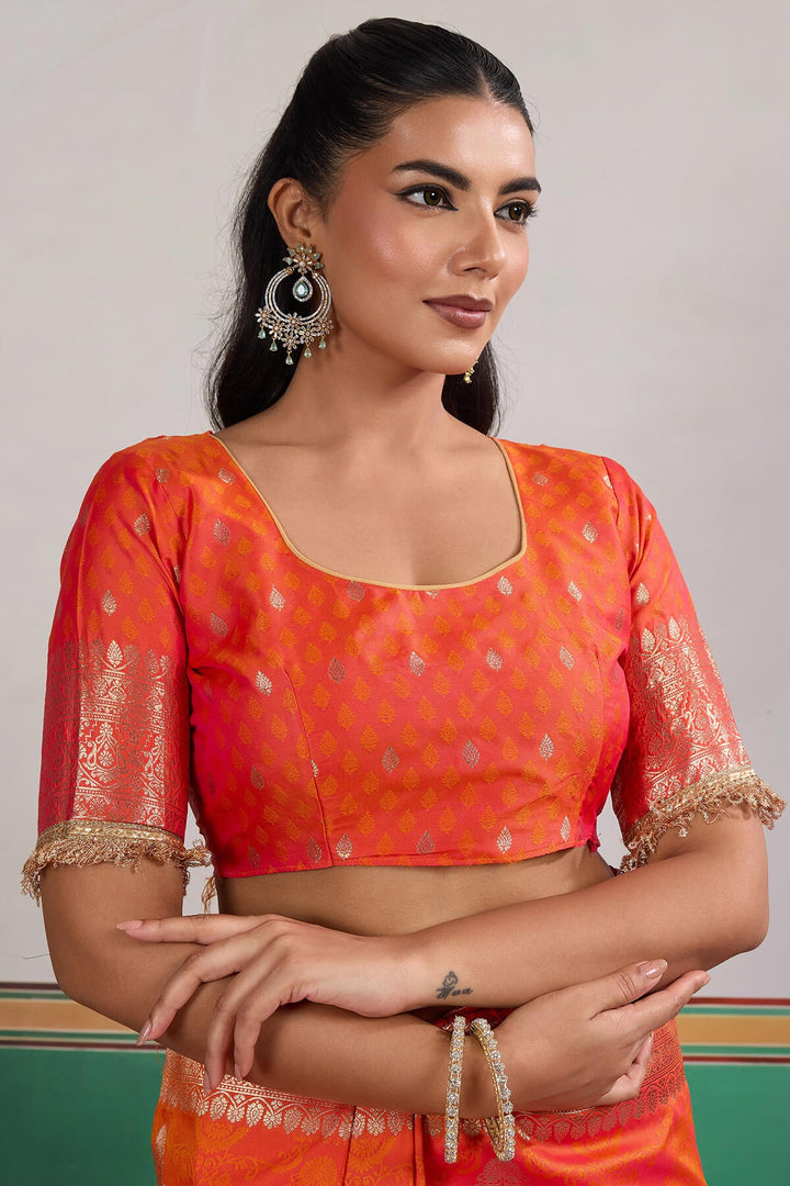 Rusty Orange Banarasi Silk Saree with Fancy Lace Border